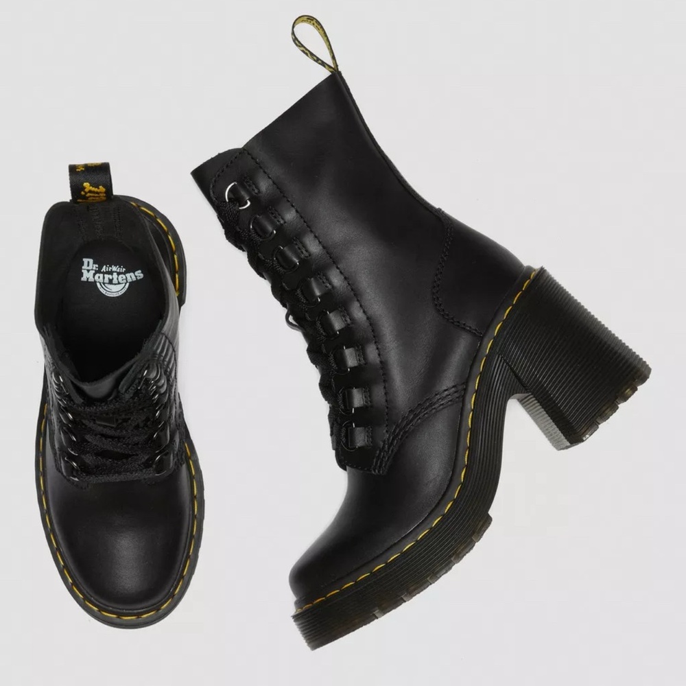 Dr. Martens Black Leather Platform Ankle Boots with Yellow Stitching